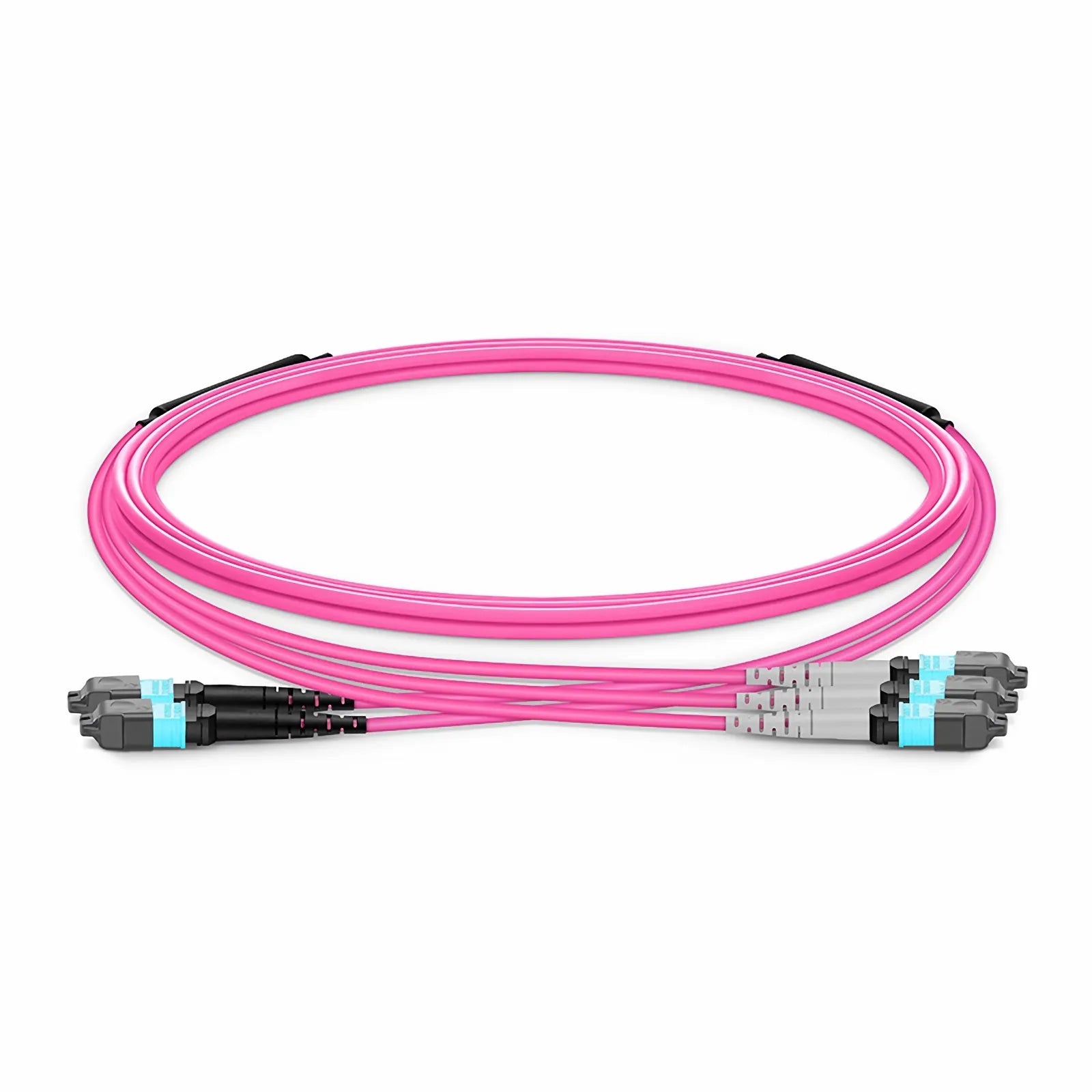 Customized Length MTP® Breakout Cable, 2 x MTP®-12 UPC (Male) to 3 x MTP®-8 UPC (Female), 24 Fibers, Multimode (OM4), Plenum (OFNP), 0.35dB Max, Type A