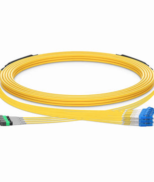 30m (98ft) MTP® Hybrid Trunk Cable, MTP®-8 UPC (Female) to 4 LC UPC Duplex Uniboot, 32 Fibers, Multimode (OM4), Plenum (OFNP), 0.20dB Max, Type B, Double Jacket