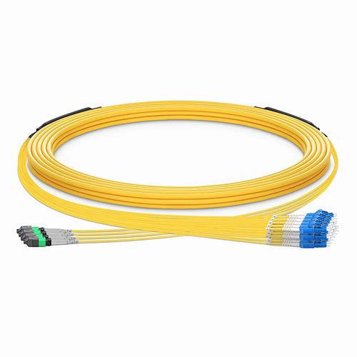30m (98ft) MTP® Hybrid Trunk Cable, MTP®-8 UPC (Female) to 4 LC UPC Duplex Uniboot, 32 Fibers, Multimode (OM4), Plenum (OFNP), 0.20dB Max, Type B, Double Jacket