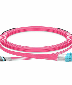 30m (98ft) MTP® Hybrid Trunk Cable, MTP®-8 UPC (Female) to 4 LC UPC Duplex Uniboot, 32 Fibers, Multimode (OM4), Plenum (OFNP), 0.20dB Max, Type B, Double Jacket