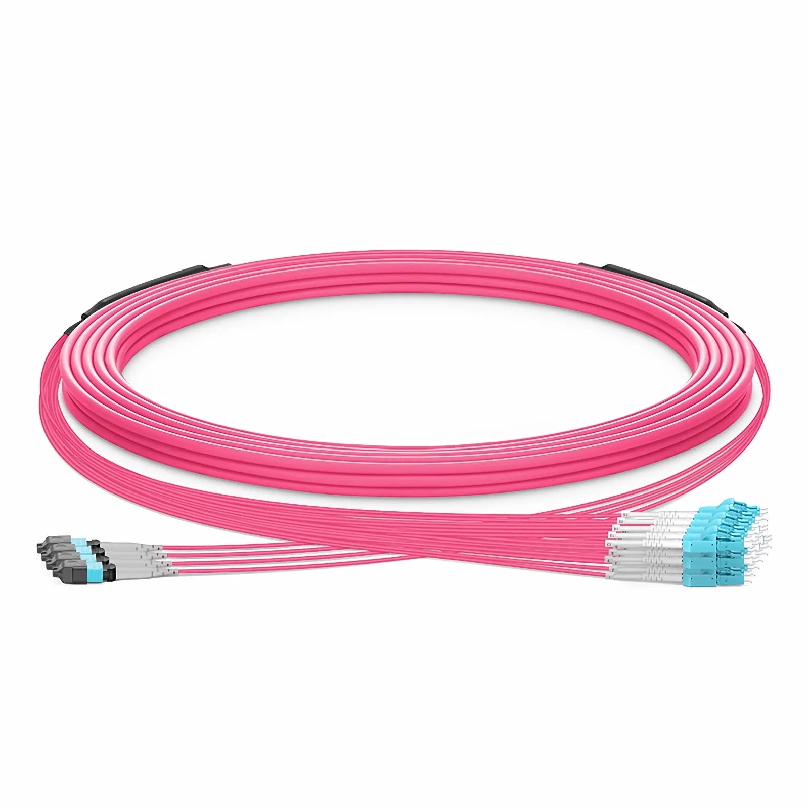 30m (98ft) MTP® Hybrid Trunk Cable, MTP®-8 UPC (Female) to 4 LC UPC Duplex Uniboot, 32 Fibers, Multimode (OM4), Plenum (OFNP), 0.20dB Max, Type B, Double Jacket