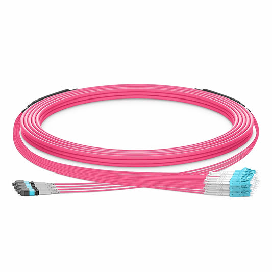 30m (98ft) MTP® Hybrid Trunk Cable, MTP®-8 UPC (Female) to 4 LC UPC Duplex Uniboot, 32 Fibers, Multimode (OM4), Plenum (OFNP), 0.20dB Max, Type B, Double Jacket
