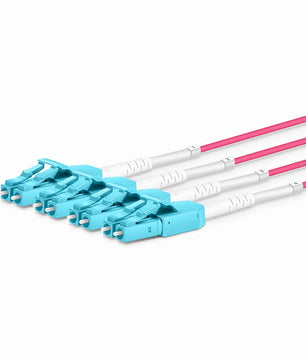30m (98ft) MTP® Hybrid Trunk Cable, MTP®-8 UPC (Female) to 4 LC UPC Duplex Uniboot, 32 Fibers, Multimode (OM4), Plenum (OFNP), 0.20dB Max, Type B, Double Jacket