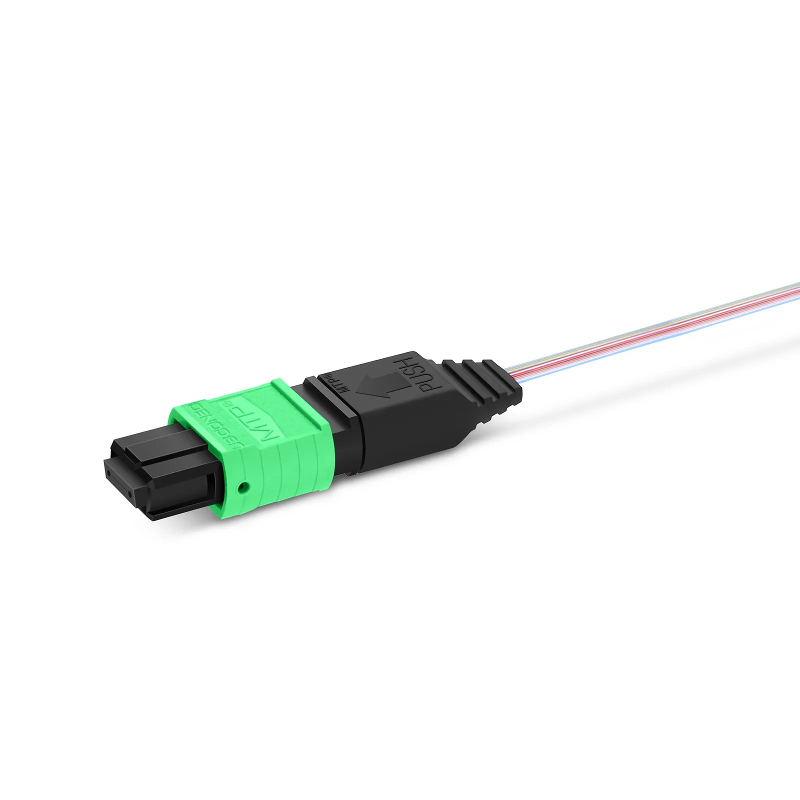 1m (3ft) MTP® Fiber Pigtail, MTP-12® UPC (Male) to Unterminated, 12 Fibers, Multimode (OM4), Unjacketed, 12-Color
