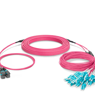 MTP® Hybrid Trunk Cable, MTP®-12 UPC (Female) to 6 LC UPC Duplex Uniboot, 48 Fibers, Multimode (OM4), Plenum (OFNP), 0.20dB Max, Type B, Double Jacket