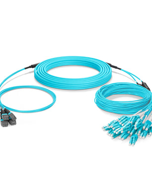 MTP® Hybrid Trunk Cable, MTP®-12 UPC (Female) to 6 LC UPC Duplex Uniboot, 48 Fibers, Multimode (OM4), Plenum (OFNP), 0.20dB Max, Type B, Double Jacket