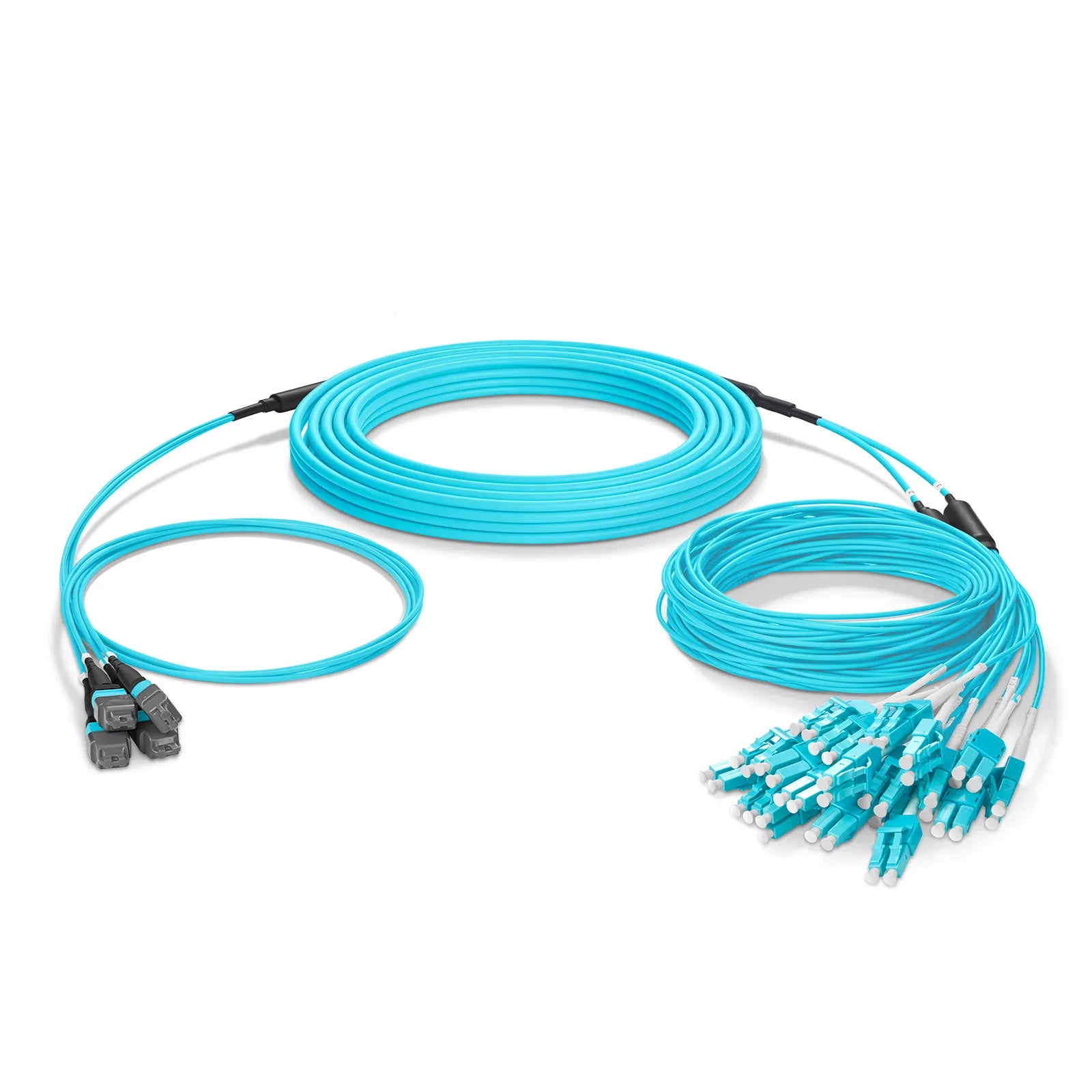 MTP® Hybrid Trunk Cable, MTP®-12 UPC (Female) to 6 LC UPC Duplex Uniboot, 48 Fibers, Multimode (OM4), Plenum (OFNP), 0.20dB Max, Type B, Double Jacket